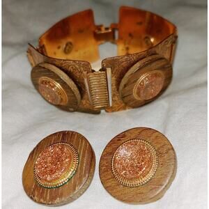 Bell Trading Post Bracelet Earrings Set Copper Wood Goldstone Vtg 1960s